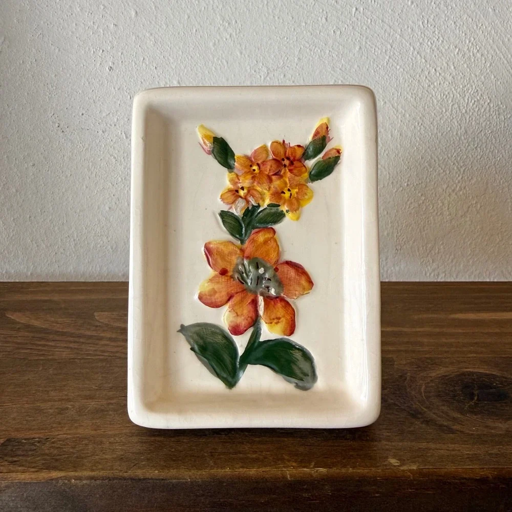 Vintage Hand Painted Ceramic Floral Soap Dish Raised Flowers Cottage Decor